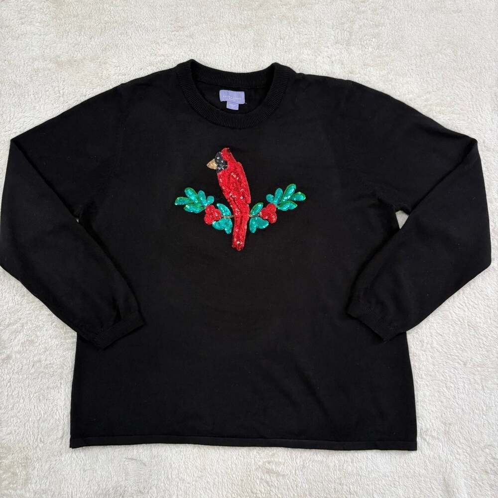 Laura Scott Womens 3X Black Sequin Cardinal Christmas Sweater Grandmacore
